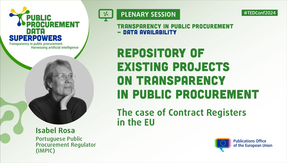 How can contract registers support innovation and digital transformation in #PublicProcurement through #AI and #TextMining? Register to follow #TEDConf2024 and learn more from Isabel Rosa from IMPIC (Portugal's Public Procurement Regulator): europa.eu/!tTCn97 @EU_Growth