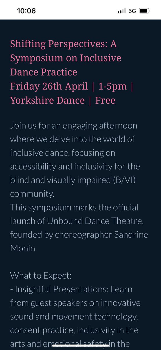 For those in dance with interest in inclusion (focus with visually impaired people) in and nr Leeds. @sandrinemonin @northernballet @NorthernSchool @yorkshiredance unbounddancetheatre.com/whatson