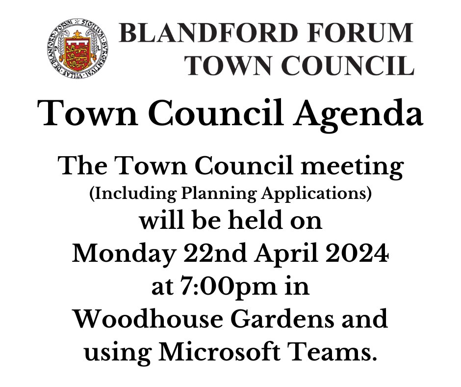 The agenda for the Town Council meeting, scheduled for Monday 22nd April 2024, can be accessed via the following link: blandfordforum-tc.gov.uk/wp-content/upl…