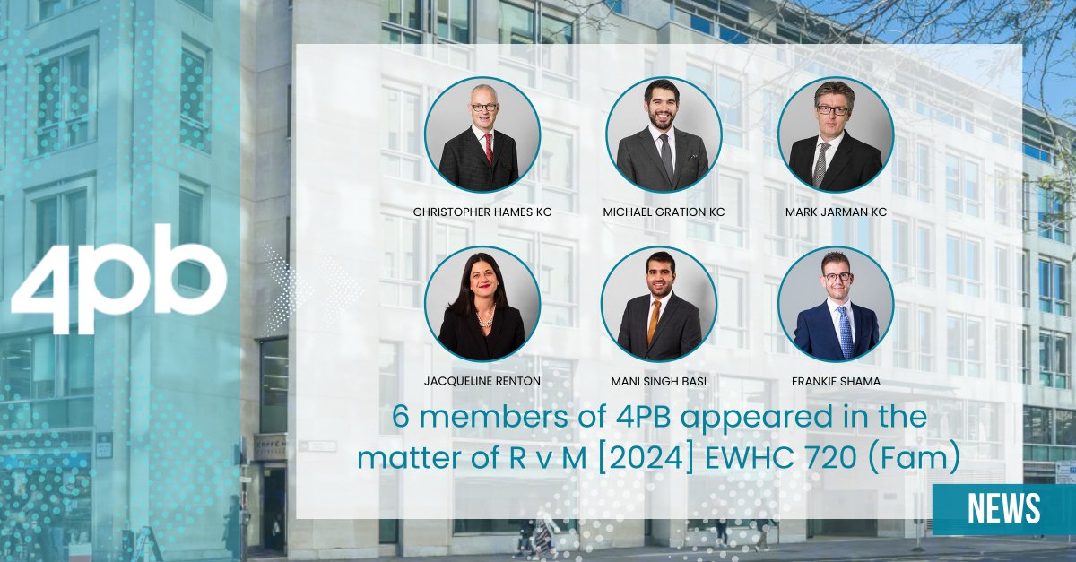 Christopher Hames KC, <a href="/MGration51/">Michael Gration</a>,  Mark Jarman KC (<a href="/Loftybarrister/">Mark Jarman KC</a>), <a href="/Jaxbarrister/">Jacqueline Renton</a>, <a href="/mani_basi/">Mani Singh Basi</a> and <a href="/FrankieShama/">Frankie Shama</a> appeared in the judgment of R v M (Hague Convention; Withdrawal of Application and Art. 16 (Parental Responsibility)) [2024] EWHC 720 (Fam).

caselaw.nationalarchives.gov.uk/ewhc/fam/2024/…