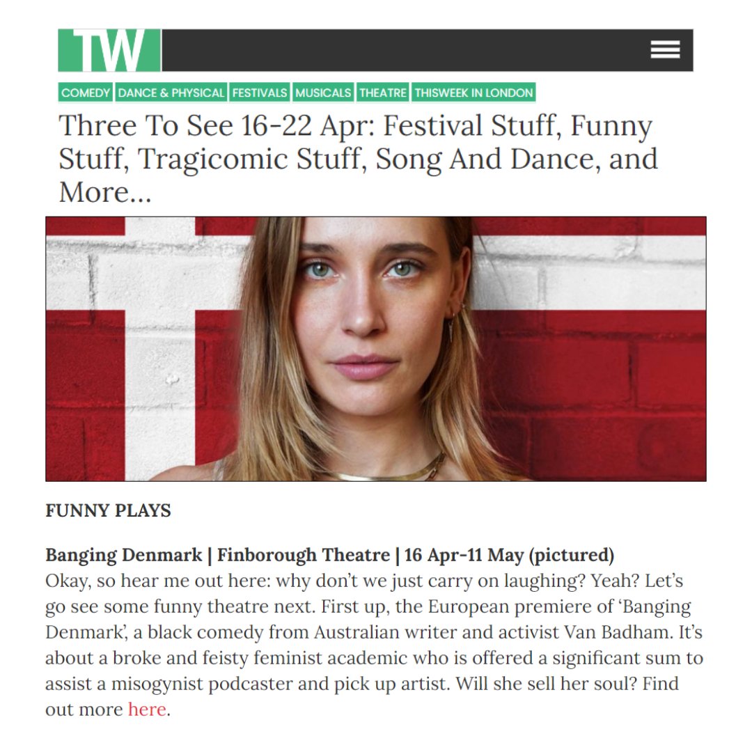 Don't just take our word for it, Banging Denmark is listed among <a href="/threetosee/">ThisWeek Culture</a> 's weekly recommendations!

We open TODAY! Don't miss our first-week offers, all seats are £15 during previews! Book your tickets now.

thisweekculture.com/article/16-22-…

🎟 bit.ly/BangingDenmark