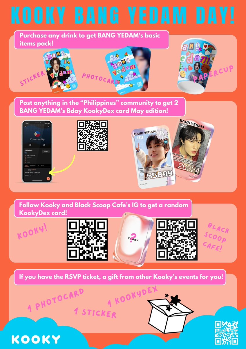 kooky__official's tweet photo. 🎁#Kooky_BANGYEDAM_Day in QUEZON CITY✨
at Black Scoop Cafe!  💖 
 
✅https://t.co/G8ivHoQaVi
📅 May 11th 2024
📍Black Scoop Cafe
Scout Borromeo, corner Tomas Morato Ave, Quezon City, 1103 Metro Manila, Philippines
⏰ 2-5 PM 

⚜️RSVP, and receive your special gifts!
✔️https://t.co/swLf46NXrr
🎁Random gifts + 100 Kookys + Invitation for Group Chat!
 
✅Check out the event page in the website, new feature!!
https://t.co/JBrocuw3yA 

#BANGYEDAM 

#KookyBdayCafe_May #KookyBdayCafe  #KookyEvent #KookyDex #KookyPromotion