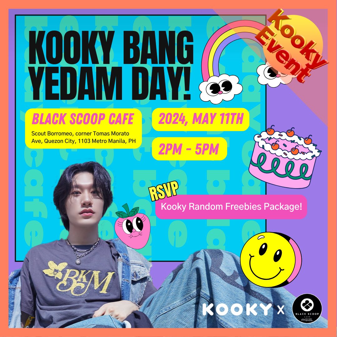 kooky__official's tweet photo. 🎁#Kooky_BANGYEDAM_Day in QUEZON CITY✨
at Black Scoop Cafe!  💖 
 
✅https://t.co/G8ivHoQaVi
📅 May 11th 2024
📍Black Scoop Cafe
Scout Borromeo, corner Tomas Morato Ave, Quezon City, 1103 Metro Manila, Philippines
⏰ 2-5 PM 

⚜️RSVP, and receive your special gifts!
✔️https://t.co/swLf46NXrr
🎁Random gifts + 100 Kookys + Invitation for Group Chat!
 
✅Check out the event page in the website, new feature!!
https://t.co/JBrocuw3yA 

#BANGYEDAM 

#KookyBdayCafe_May #KookyBdayCafe  #KookyEvent #KookyDex #KookyPromotion