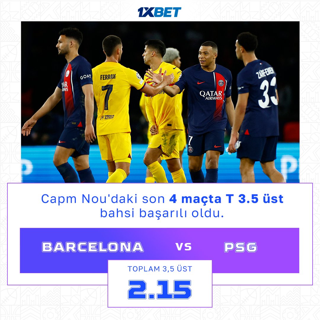🇪🇸 Barcelona 🆚 PSG 🇫🇷 🏟 Capm Nou'daki son 4 maçta T 3.5 üst bahsi başarılı oldu. ✅ Bu sefer de gol yağmuruna girelim. 📲 Bahis yap ➡️➡️➡️ tapxlink.com/line_tw_pc