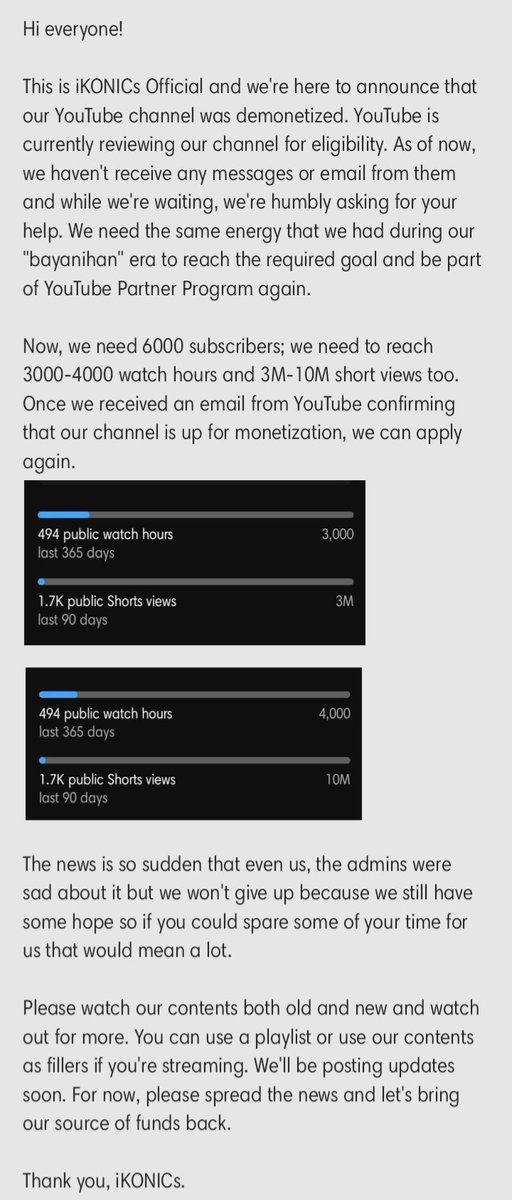 RT &amp; SPREAD! 

Hi iKONICs! Please take some time to read this. 

We need your support now. Thank you so much and we're hoping for your cooperation. 🥺 

Link:
youtube.com/@iKONICSOFFICI…

#iOC #iKON #iKONICS