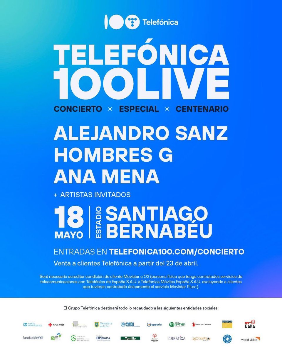 Wow! Ana Mena forma parte del cartel de #Telefónica100Live! Un concierto muy especial que tendrá lugar en el Santiago Bernabéu el próximo 18 de mayo 💥🔥

Los clientes Telefónica podrán comprar entradas a partir del 23 de abril.