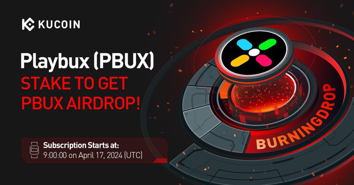 🔥 Playbux (PBUX) Tersedia di BurningDrop ⏰Periode Berlangganan: 9:00:00 pada 17 April 2024 hingga 18:00:00 pada 17 April 2024 (UTC) 👉 kucoin.com/announcement/e… ✍️Berbagi dengan kami jika Anda memiliki saran/komentar untuk BurningDrop. Terimakasih atas dukunganmu!