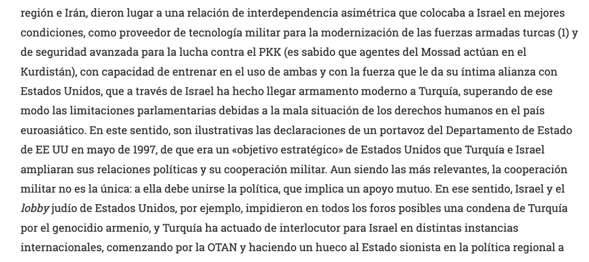 Davidsegarra's tweet photo. @RieraQuer67580 @celito_jones @Miquel_R Sólo hay que abrir los libros de historia o los periódicos. Es problemático dialogar cuando se niegan hechos que NADIE rebate. Israel bombardeó Túnez en 1985 e Iraq en 1981, armó y asesoró a Turquía y Azerbayán en sus ataques a Kurdistán en los 90 y a Armenia hoy en día. Bon dia. https://t.co/cDUaZAChKz