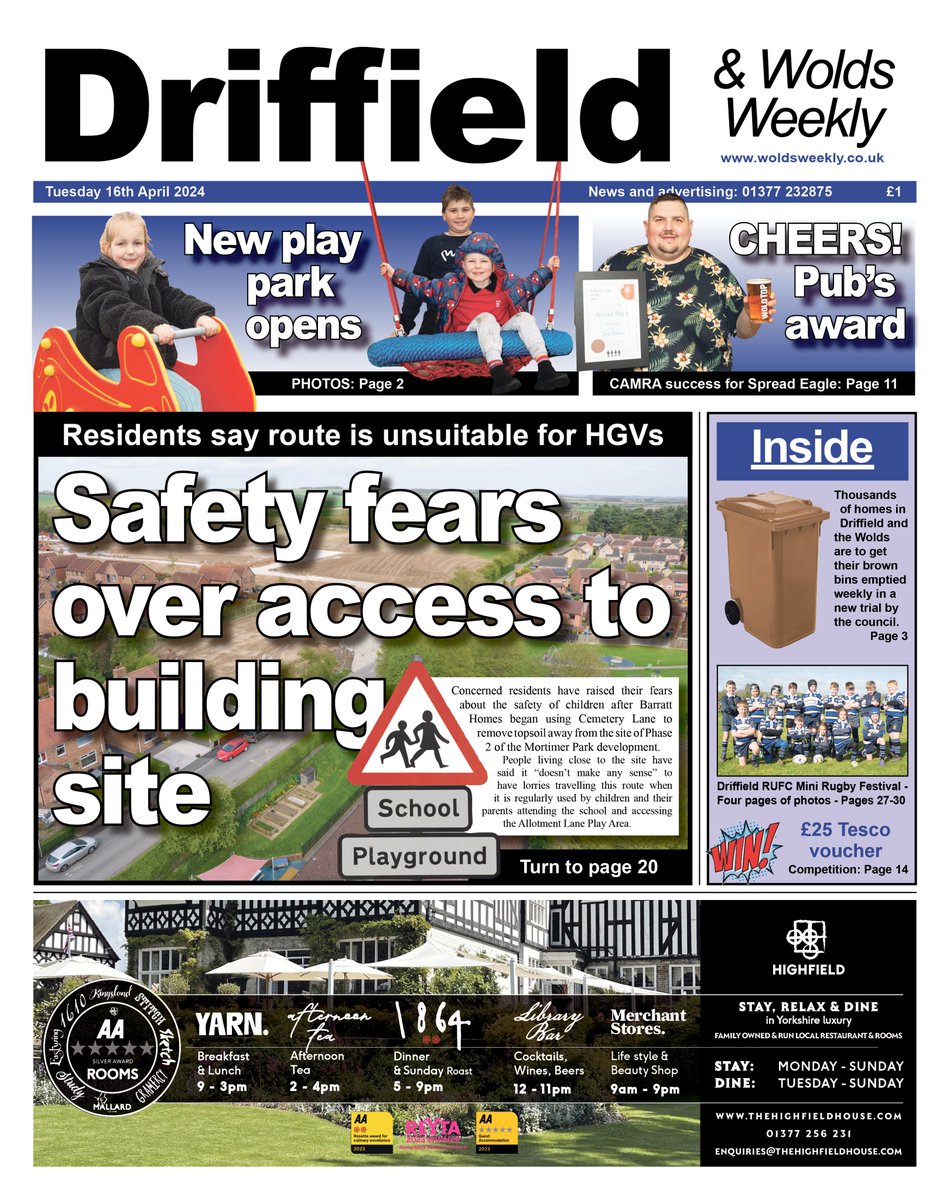 This week's #Driffield & @WoldsWeekly is out now, just £1.
⚠️ Fears about lorries using route near school and play area
🍺 Local pubs given CAMRA awards
🗑️ Thousands of homes to get weekly brown bin collections
🏉 Four pages of photos from junior rugby
🛍️ Win a £25 Tesco voucher