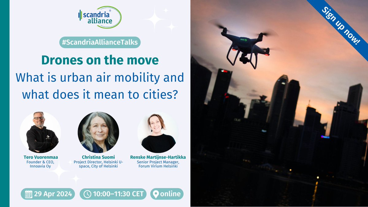 🌐 Neste Scandria Alliance Talks: «Drones on the move: Urban air mobility & city impact!» Bli med oss 29. april kl. 10:00-11:30 for innsikt fra Helsinki! 🇫🇮
Registrer deg nå: scandria-alliance.eu/event/drones-o…
#UrbanAirMobility #ScandriaAlliance @ScandriaAll
