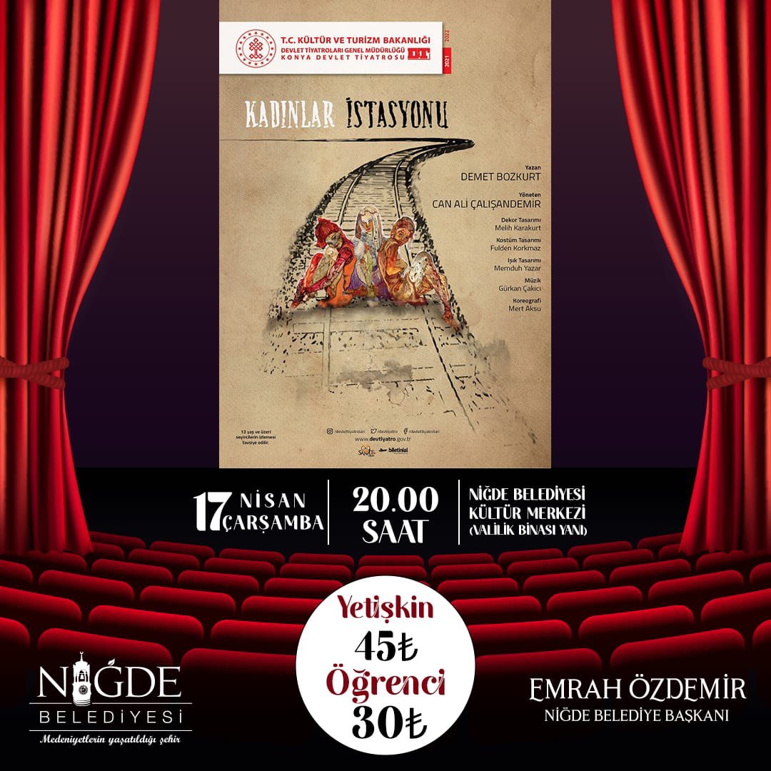 belediye51's tweet photo. Sanatsever Belediyenizden Sanatsal bir hediye 🎁 💝 

Müthiş bir oyuna bilet kazanmaya ne dersiniz 😎

15-22 Nisan Turizm Haftası’nda da çok güzel işlerle karşınızdayız 🥳 

Muhteşem bir tiyatro“Kadınlar İstasyonu” oyunu;

📅 17 Nisan Çarşamba 
⏰ 20.00’da
📍Niğde Belediyesi Kültür Merkezi

Bu gönderiyi “Retweetle” sen de “HEDİYE BİLET” kazanma şansını yakala ✅
