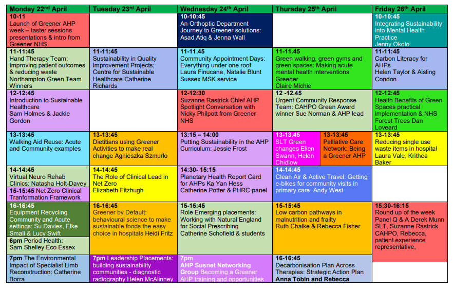 Check out this smorgasbord of events for #GreenerAHP week, curated and colour-coded by the legendary @e8Muffin @WeAHPs @SuzanneRastrick Free tickets: networks.sustainablehealthcare.org.uk/events?s=Green…