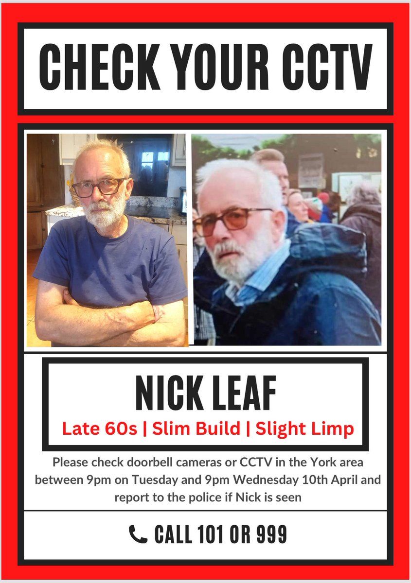 ⚠⚠Missing person alert - Riccall area⚠⚠ Please help find missing York resident Nick Leaf. His family and friends are desperate to get him home. Nick was last seen at his home, 1 mile north of Riccall, at 9pm on Tuesday 9th April. For more information: facebook.com/groups/2083409….