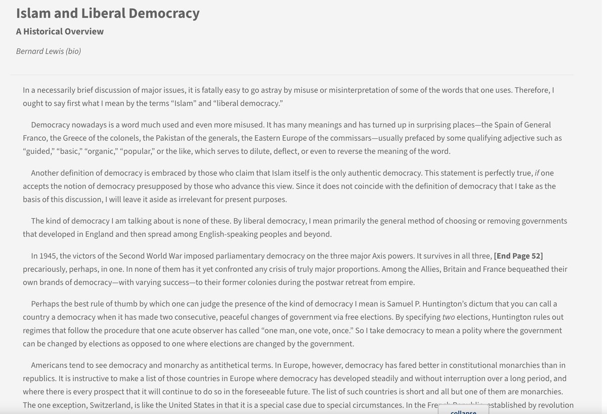 Bernard Lewis in the April 1996 Issue of the Journal of Democracy @JoDemocracy 'Islam and Liberal Democracy: A Historical Overview' (Can view opening without subscription via @ProjectMUSE muse.jhu.edu/article/16744