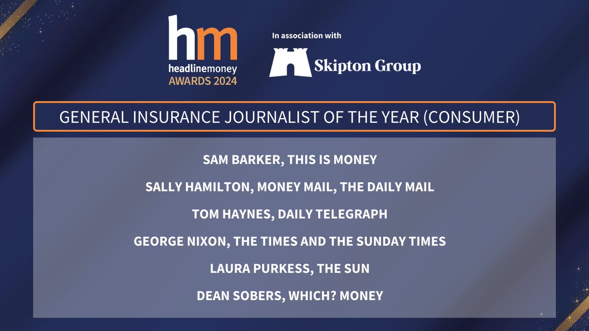 And now we have General Insurance Journalist of the Year (Consumer). Huge round of applause for our #HMAwards24 shortlist! @JournoBarker, @sallymhamilton, @T_Haynesy, @George_Nixon97, @laurapurkess & @dean_sobers 👏 tinyurl.com/dxtr4nt8