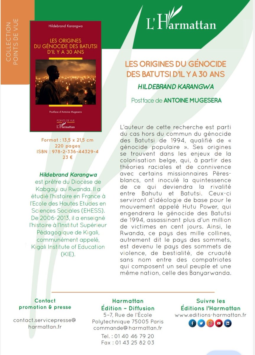 À découvrir !
"Les origines du génocide des Batutsi d'il y a 30 ans", par l'abbé Hildebrand Karangwa