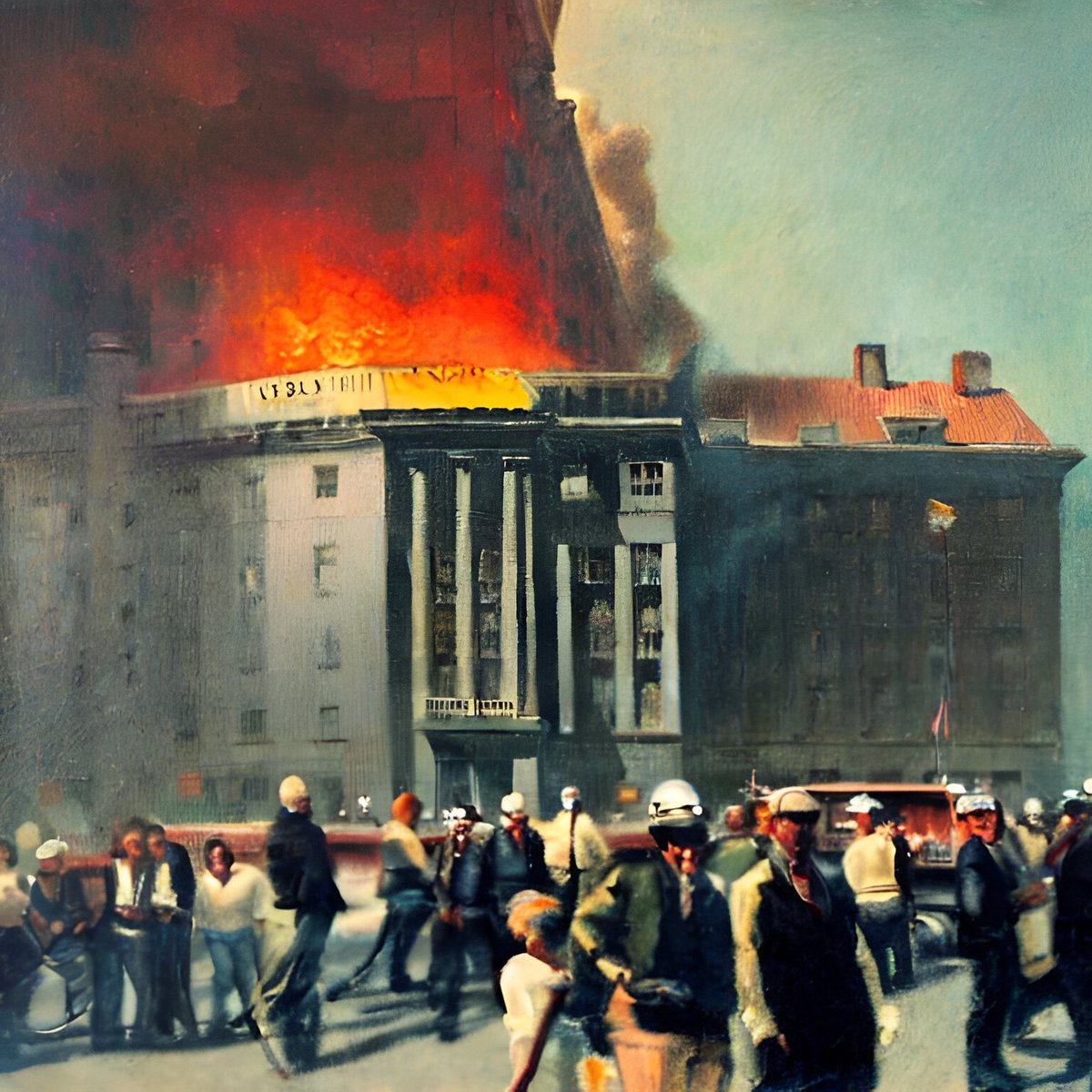 worldviewinai's tweet photo. Sad news…  “#Fire breaks out at #Copenhagen's historic stock exchange, spire collapses” - Reuters  #ai #art #stockexchange https://t.co/i0aYWCFZBN