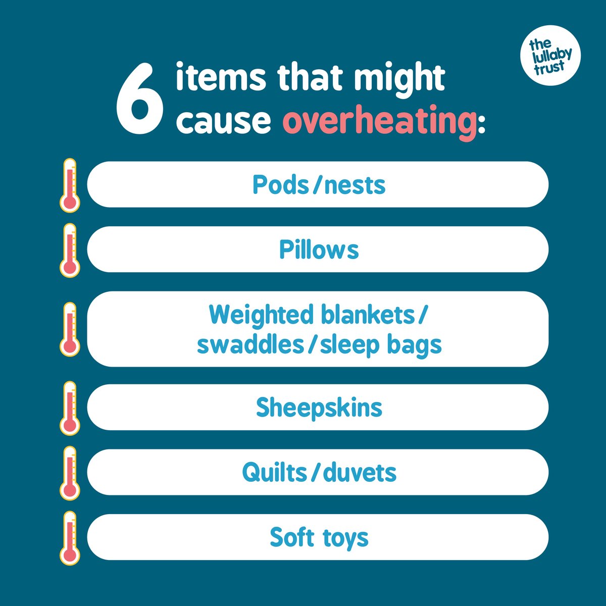 Overheating can increase the risk of sudden infant death syndrome (SIDS). Here are 7 items that might cause a baby to overheat during sleep: - 🌡️ Pods/nests 🌡️ Pillows 🌡️ Weighted bedding 🌡️ Sheepskins 🌡️ Quilts/duvets 🌡️ Soft toys - Remember: The safest cot is a clear cot.