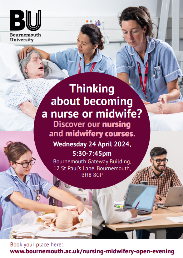 Thinking about a career in nursing or midwifery? 🩺

Join Bournemouth University Nursing & Midwifery Open Evening on 24 April from 17:30 to find out more about nursing and midwifery courses. 

Sign up: bournemouth.ac.uk/events/24-apri…

#nursing #midwifery #openevening