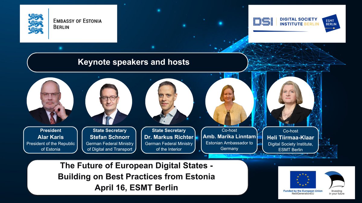 🌐Today @BotschaftEstBer & @DSI_ESMT are hosting an event w. keynotes on the #digital strategies of #Estonia 🇪🇪 and Germany 🇩🇪 at @esmtberlin with distinguished speakers such as Estonian President @AlarKaris, State Secretary Stefan Schnorr (@bmdv) and State Secretary @cio_bund.