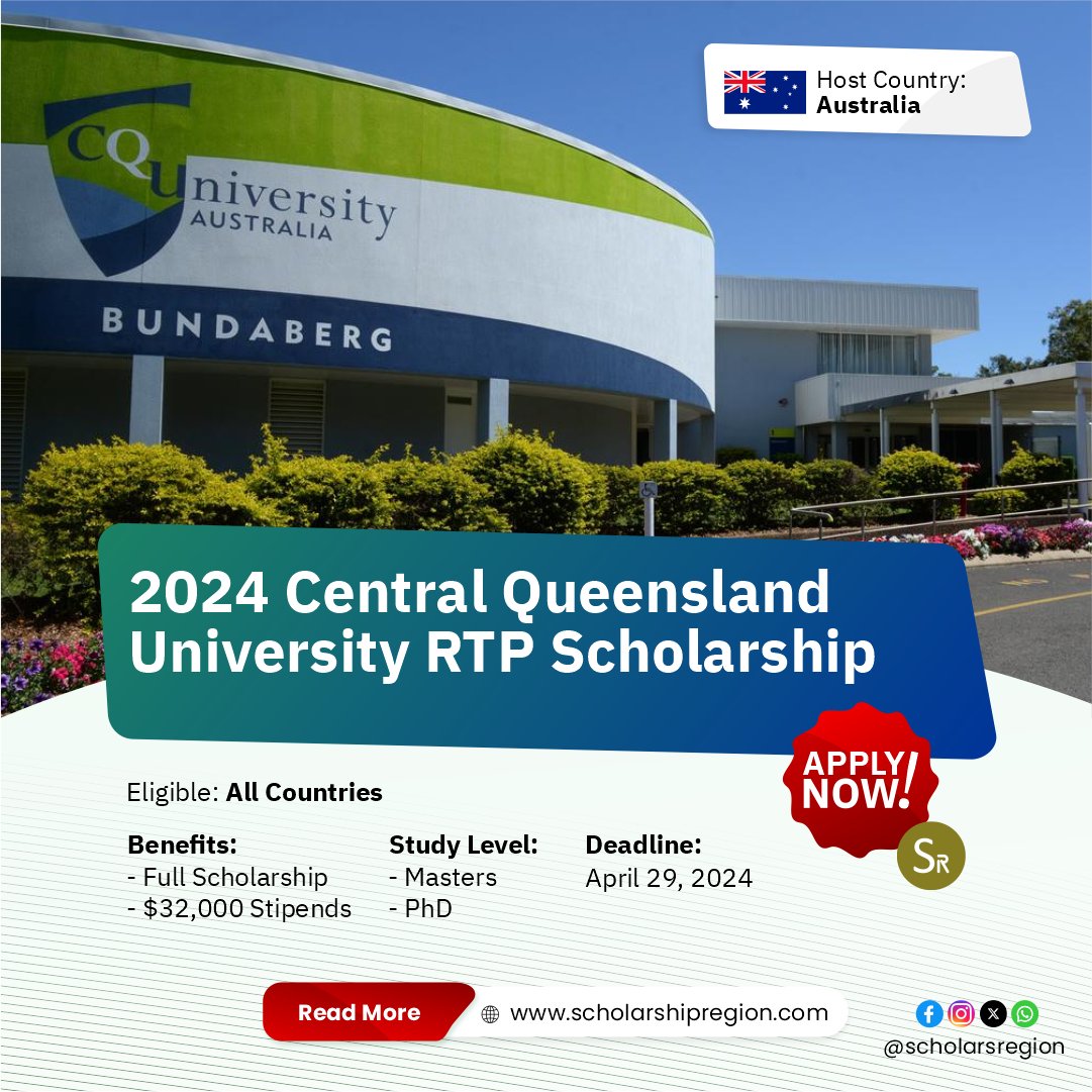 2024 Central Queensland University RTP Scholarship Country: Australia🇦🇺 Offer: Full scholarship to earn a Master's or PhD degree. Eligible Countries: All Countries Benefits: ✅Full Scholarship ✅$32,000 Stipends Deadline: April 29, 2024 APPLY↙️ scholarshipregion.com/queensland-uni…