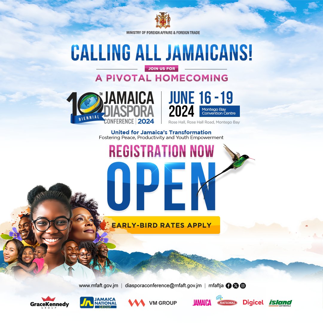 Registration for the 10th Biennial Jamaica Diaspora Conference is OPEN! 🇯🇲 Don’t miss out – register today: eventbrite.com/e/10th-biennia…… #diasporahomecomingja 🇯🇲