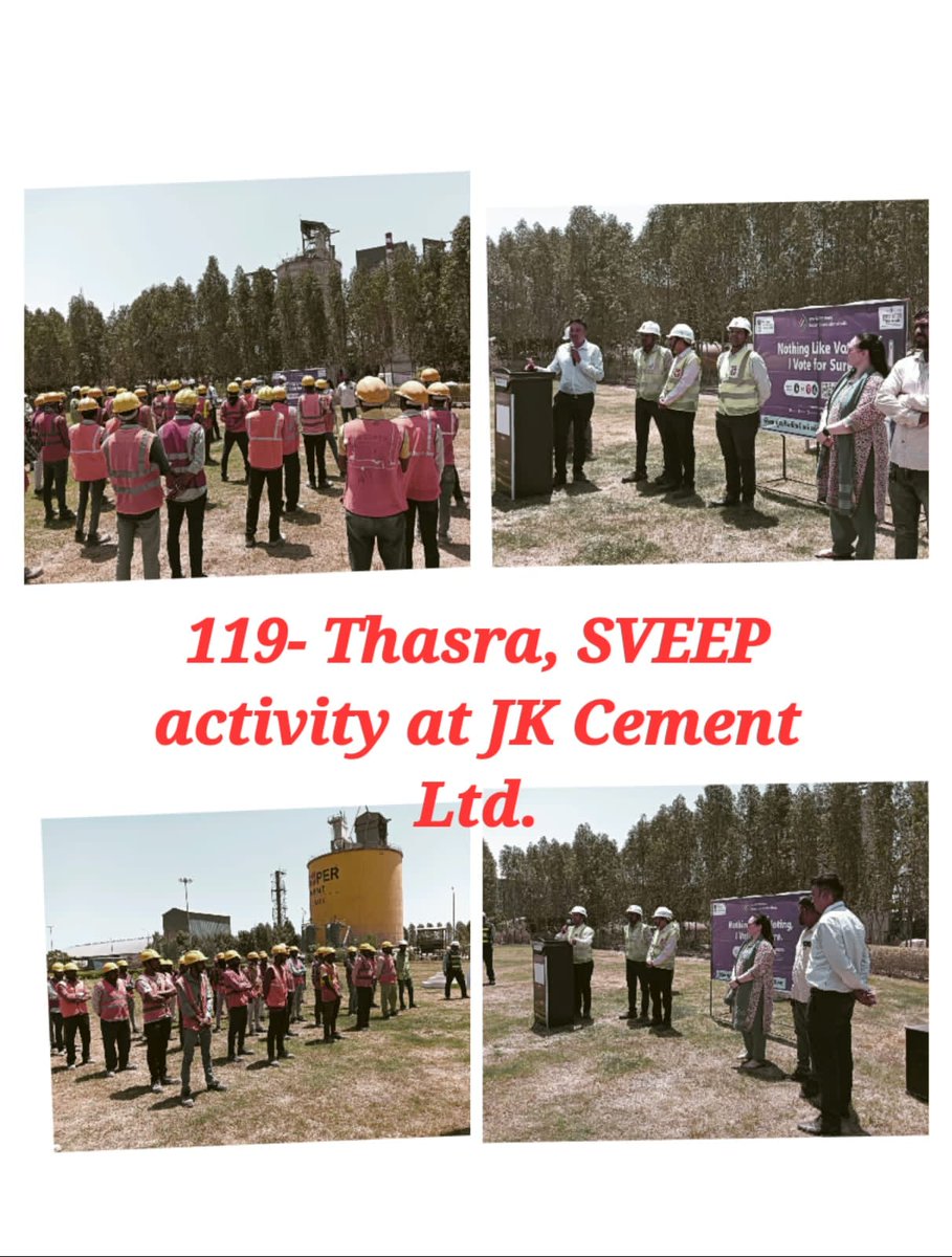 119-Thasra, MOU Signed with JK Cement Ltd. કંપની ના કર્મચારીઓ સાથે શપથ કાર્યક્રમ મતદાર જાગ્રુતિ કાર્યક્રમ કરવામા આવ્યો જેમા અવશ્ય મતદાન કરવા તથા ઇલેક્શન કમીશનની વિવિધ એપની માહીતી તથા મતદાનના દિવસે ફરજીયાત સવેતન રજા વિશે માહીતી આપી.