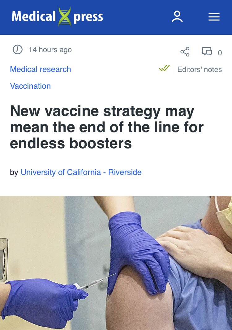 “Scientists at UC Riverside have demonstrated a new, RNA-based vaccine strategy that is effective against any strain of a virus and can be used safely even by babies or the immunocompromised.”

Hard 🛑 
One and done, literally.