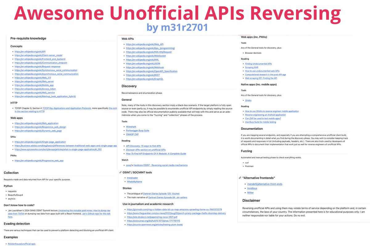 Awesome Unofficial APIs Reversing

- pre-requisite knowledge
- discovery
- evading detection
- examples of Unofficial APIs github.com/Rolstenhouse/u…)

github.com/m31r2701/rever…

Contributor m32r2701

#socmint