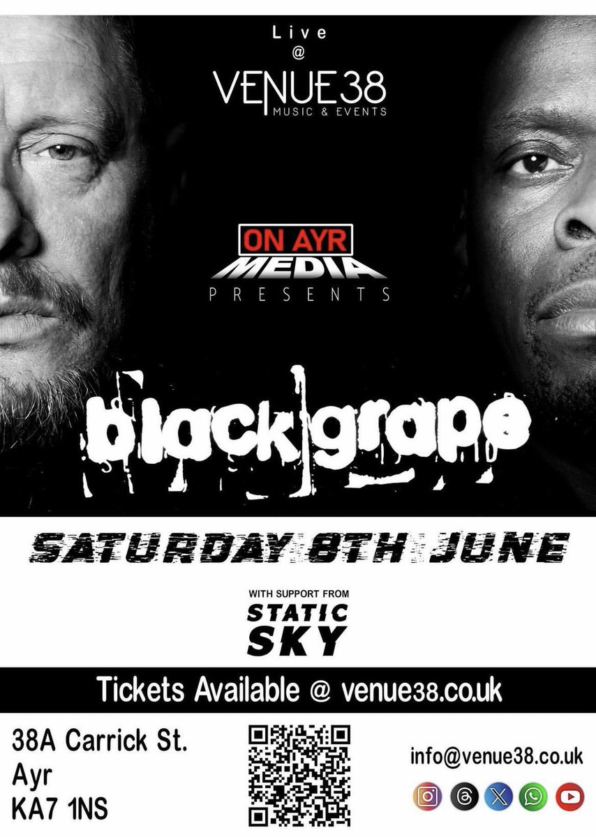 💥💥💥 BLACK GRAPE play Venue 38 in Ayr on Saturday 8th June 2024 🍇🍇🍇 . Tickets 👇🏻 venue38.co.uk/event-details/… . #BlackGrape #ShaunRyder #KermitLeveridge #Venue38 #Ayr #Livemusic @venue38ayr