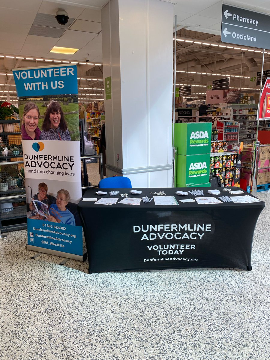 Good morning from @asda Halbeath in Dunfermline! 🤗

Looking 👀 for 🆕 #Volunteers to be matched with local vulnerable people in a #CitizenAdvocacy partnership, have you got any spare time?

Come over and speak to Paul and Hannah from 10am - 3pm today or just say Hi 👋