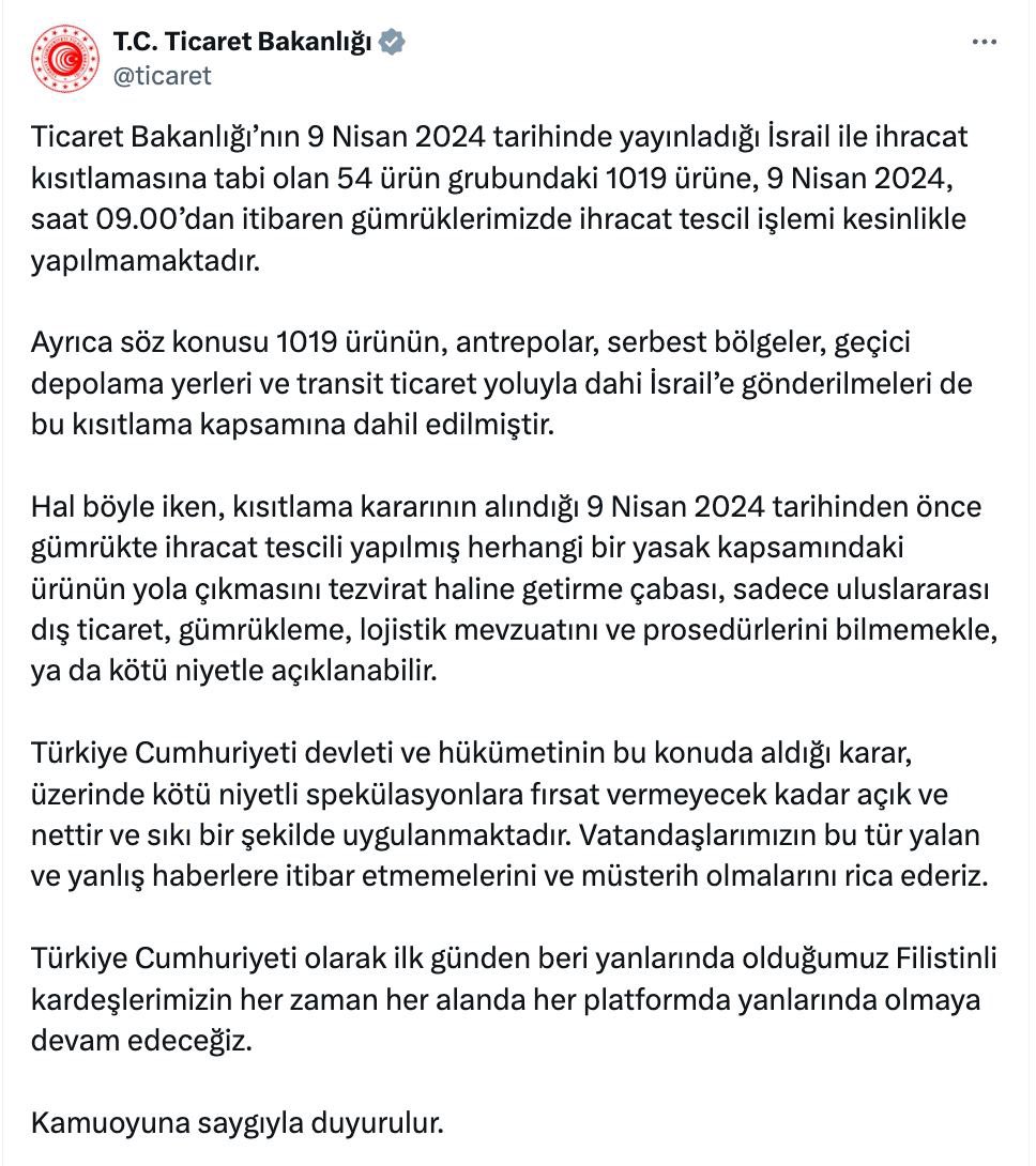 🔴 Ticaret Bakanlığı, ‘kısıtlama kapsamına alınan’ çimento gibi ürünlerin İsrail’e gitmeye devam etmesiyle ilgili açıklama yaptı.

Bakanlık, kısıtlama kararından önce ihracat tescili alan gemilerin gitmeye devam ettiğini ve bu karardan sonra yeni tescil yapılmadığını açıkladı.