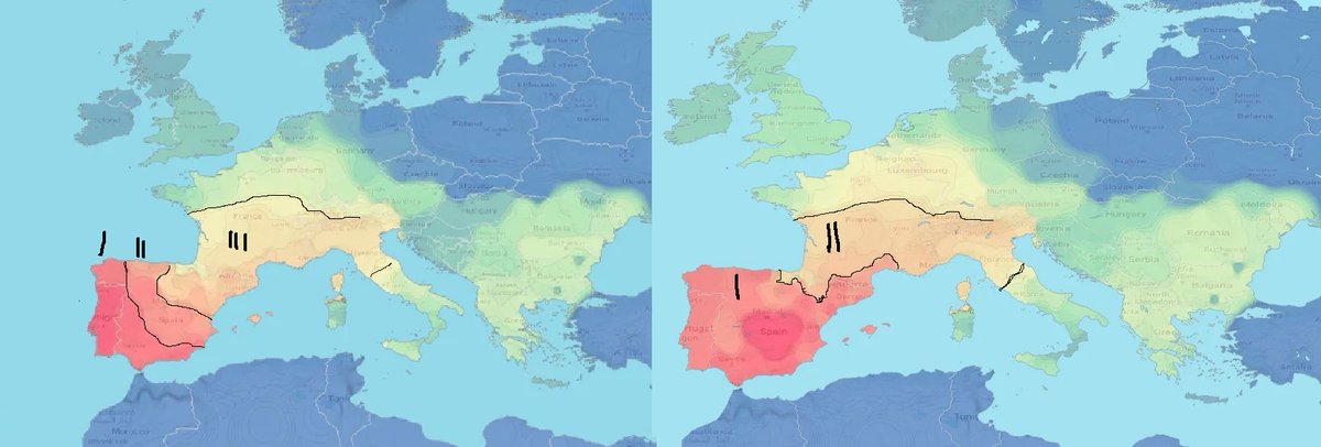 Distancias genéticas Portugal vs Castilla Sur.

Portugal constituye un perfil suroccidental muy marcado junto a Galicia, Extremadura y Andalucía.

Castilla la Mancha es más equidistante respecto al resto de la península ibérica y la Languedoc francesa.