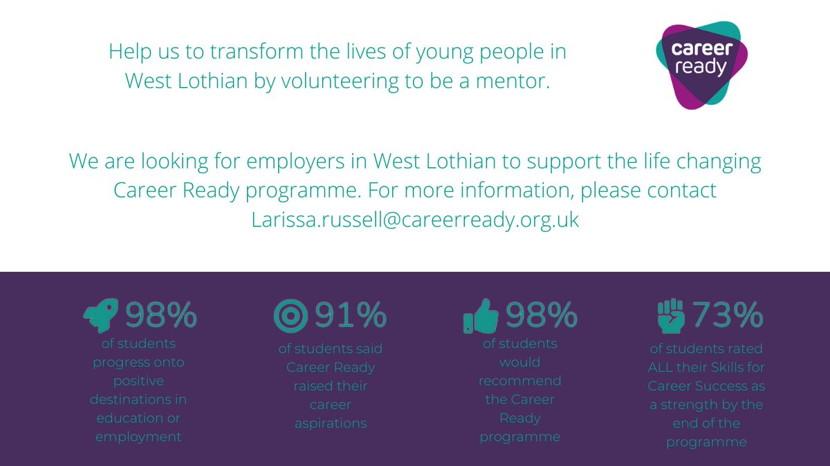 .@CareerReadyUK is a social mobility charity which supports young people to develop workplace skills & grow their confidence. We are looking for employers in West Lothian to support this life changing programme. For more information, contact Larissa.russell@careerready.org.uk