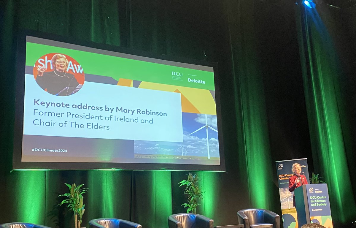 Mary Robinson speaking at #DCUclimate2024 about climate justice. “We need to spend our children’s and grandchildren’s money now or they won’t have it in the future.” She says we need leadership and urgency.