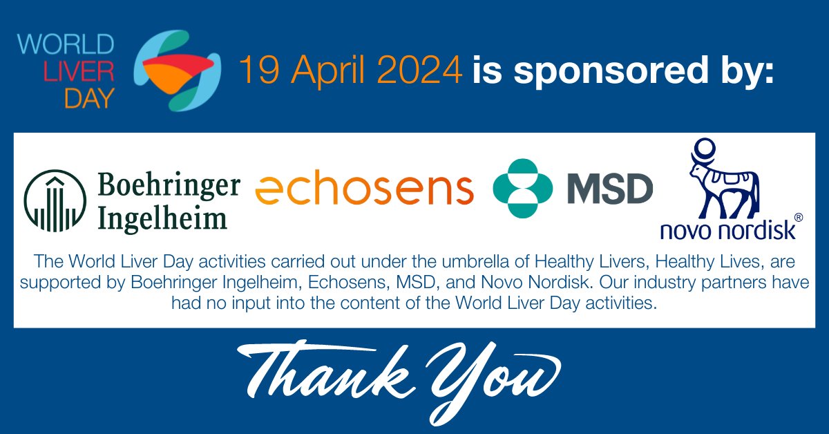 🌟We wish to thank our sponsors  Boehringer Ingelheim, Echosens, MSD, and Novo Nordisk, for supporting #WorldLiverDay 2024! 

Under the scope of 'Healthy Livers, Healthy Lives,' your support helps us raise awareness globally. Together, we're improving liver health. Our industry…