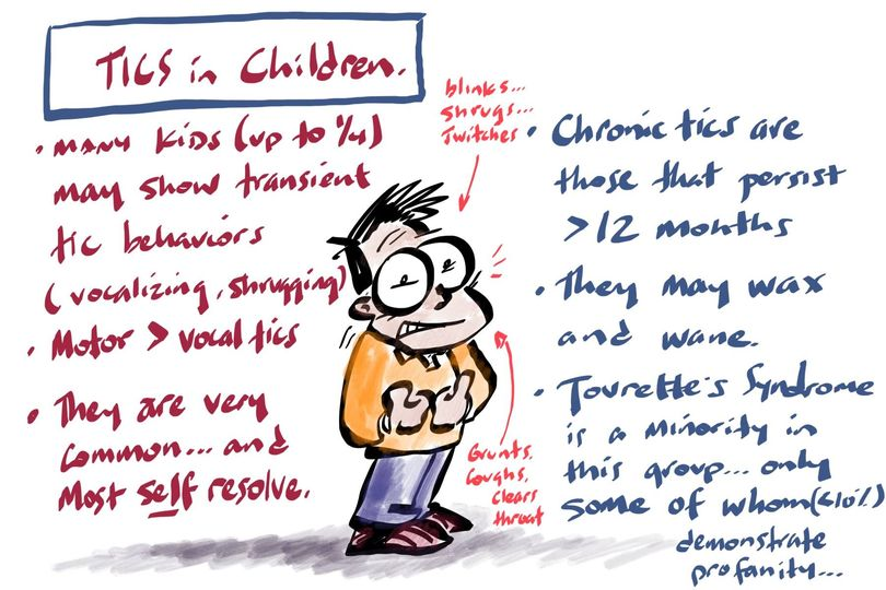 #tic disorders in #children: they may be subtle to fulminant, they are VERY common and they often resolve on their own. Tics that last more than a year are considered chronic. Often the family and child are in some distress. #graphicmedicine @Creativemeddose @NoetheMatt @MdKathi