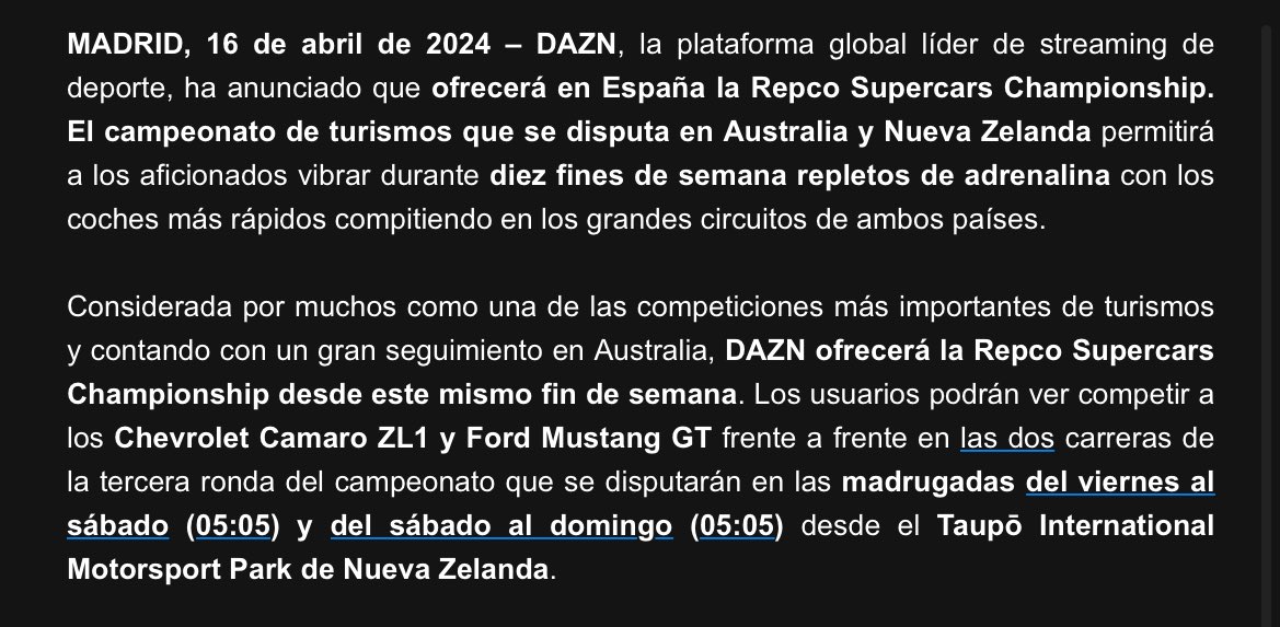 MedF1osTV's tweet photo. 🚨 Comunicado prensa @DAZN_ES 🚨

 “DAZN OFRECERÁ EN ESPAÑA LA REPCO SUPERCARS CHAMPIONSCHIP”.

✍🏼 “La plataforma añade a su oferta el campeonato de turismos que se celebra en Australia y Nueva Zelanda desde este mismo fin de semana, con la tercera ronda de la competición”. https://t.co/xd1RmfN7Mv