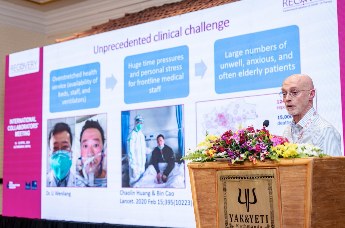 🔴 LIVE: Reflecting on #RECOVERYTrial achievements & lessons with Prof Sir @PeterHorby at #RECOVERYMeeting2024 Takeaways: ‣ 'Big 3' principles for clinical trial design: Quick, Large & Simple! ‣ Global participation & rapid response are crucial in pandemics.