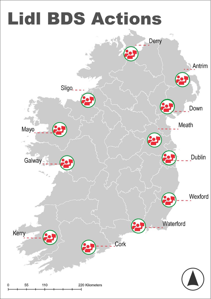 📍🚨Lidl BDS campaign update – over 30 actions across 12 counties since December! We’ve compiled a map and list of Lidl BDS actions in Ireland over the past few months to document the nationwide campaign to demand they stop stocking Israeli made Lupilu baby wipes. 1/