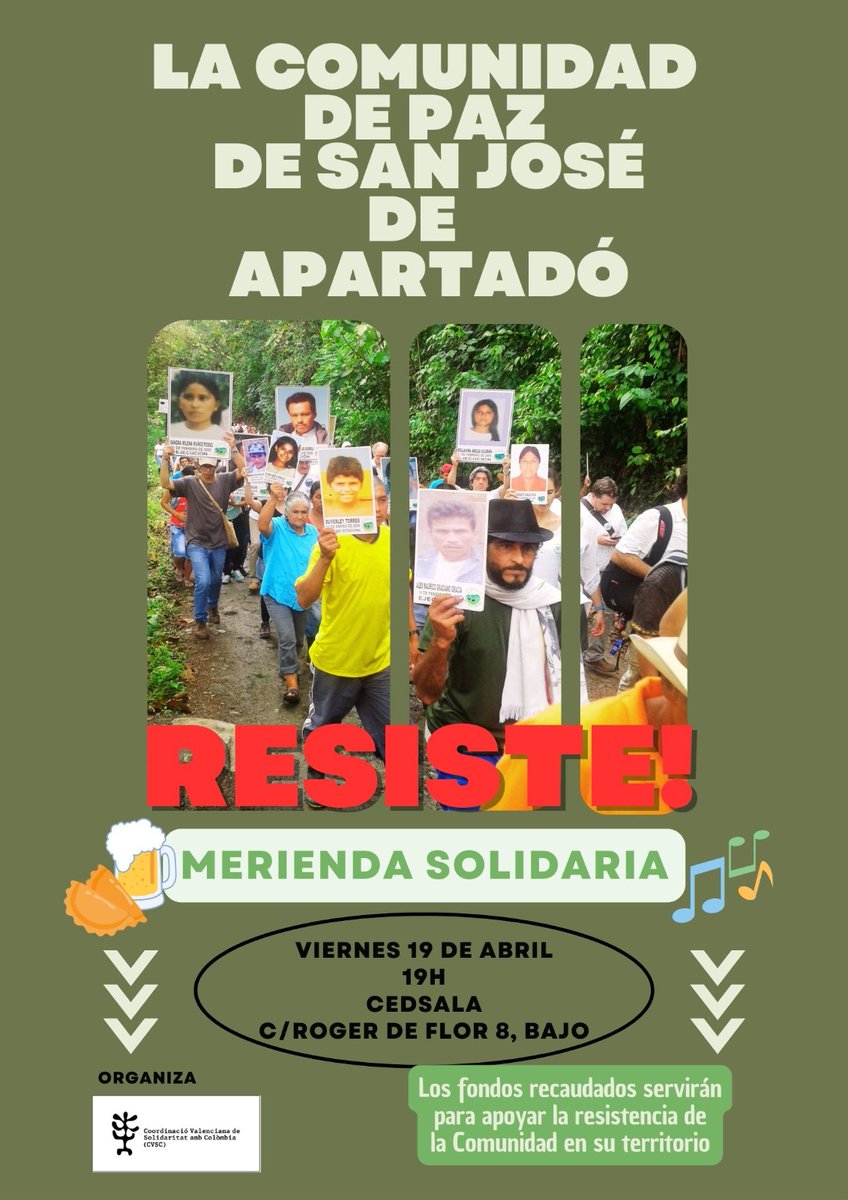 Aquest divendres estarem amb les companyes de la @coorvalcolombia en un berenar solidari per a donar suport a la resistència de la Comunitat de Pau de San José d'Apartat. Us convidem a passar per a compartir lluita, solidaritat i un ric berenar!