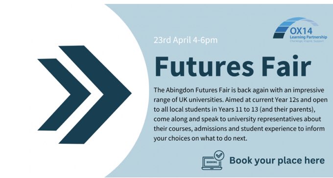 Students in Y11-13 are welcome to attend the upcoming Futures Fair @abingdonschool. With representatives from an array of universities, this is the ideal opportunity to gain inspiration and guidance. ox14lp.org.uk/event/futures-…