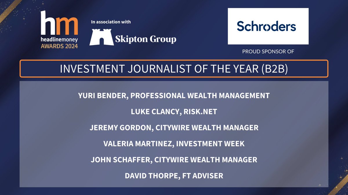 Now for Investment Journalist of the Year (B2B) #HMAwards24, sponsored by @schroders! Congratulations to shortlisted journalists @YuriBender, @Luke_Clancy, Jeremy Gordon, @valeria_mrtnez, @johnschaffer90 & @dthorpejourno 👏 tinyurl.com/dxtr4nt8