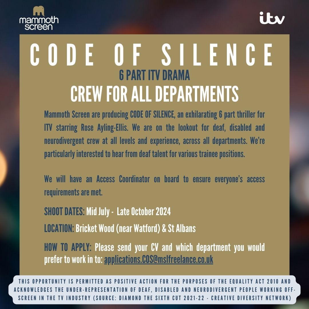 Calling all TV crew 📢📢 We have some exciting opportunities available on our production Code Of Silence shooting this summer with @RoseAylingEllis. Send your CV and preferred department to applications.COS@mslfreelance.co.uk