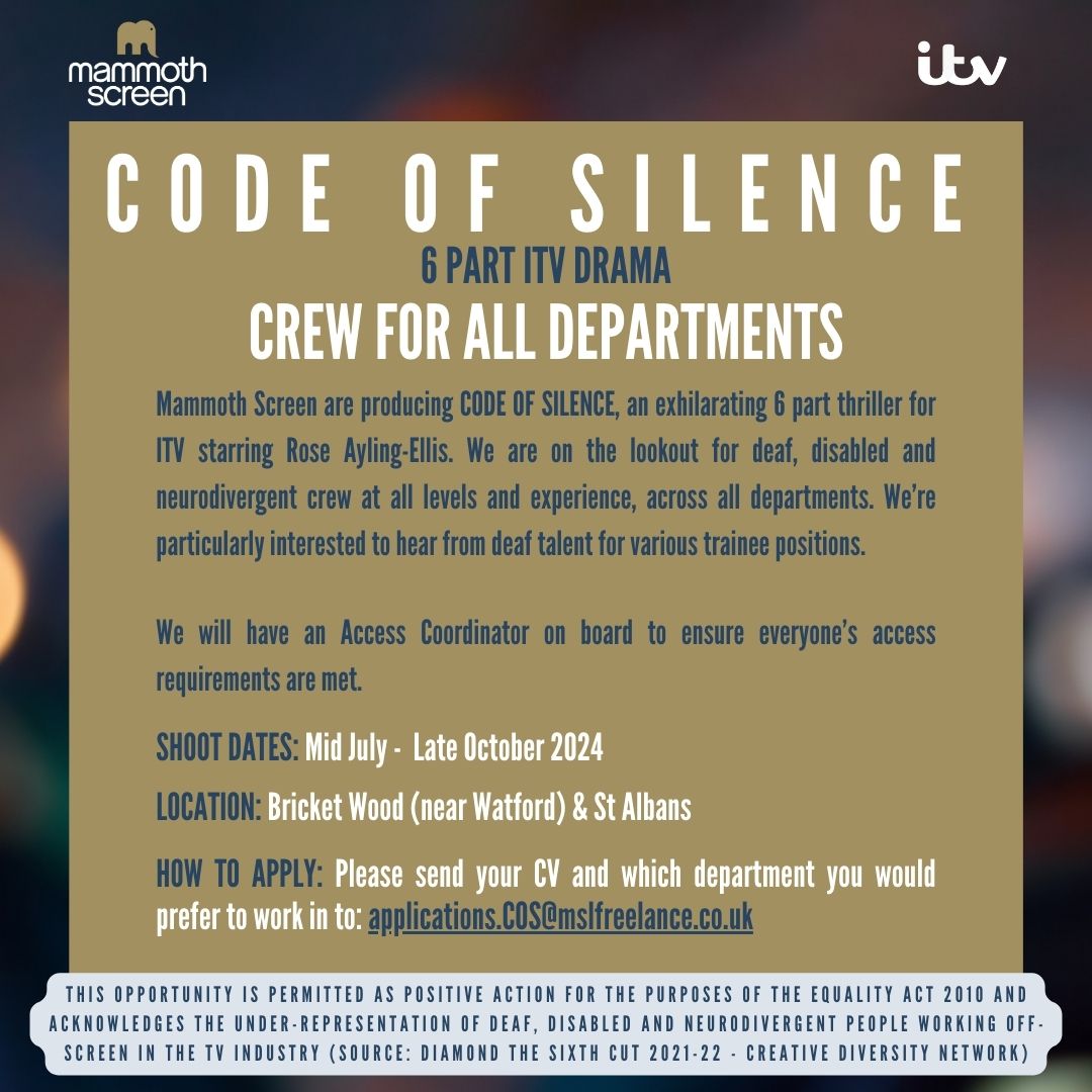 Mammoth Screen (@mammothscreen) on Twitter photo Calling all TV crew 📢📢
We have some exciting opportunities available on our production Code Of Silence shooting this summer with @RoseAylingEllis.
Send your CV and preferred department to applications.COS@mslfreelance.co.uk Calling all TV crew 📢📢
We have some exciting opportunities available on our production Code Of Silence shooting this summer with @RoseAylingEllis.
Send your CV and preferred department to applications.COS@mslfreelance.co.uk