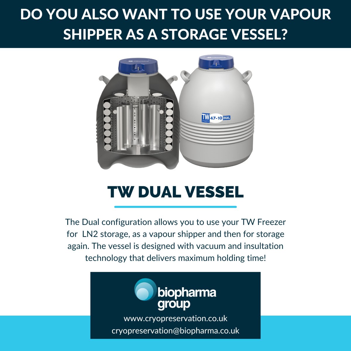 Do you also want to use your vapour shipper as a storage vessel? 🤔

The TW DUAL vessel from IC Biomedical allows you to do just this!

Find out more about our cryogenic vessels ➡️ bit.ly/3qRQ0iy

#IVF #cryopreservation #tissuebanking #shipping #cryogenic #BiopharmaGroup