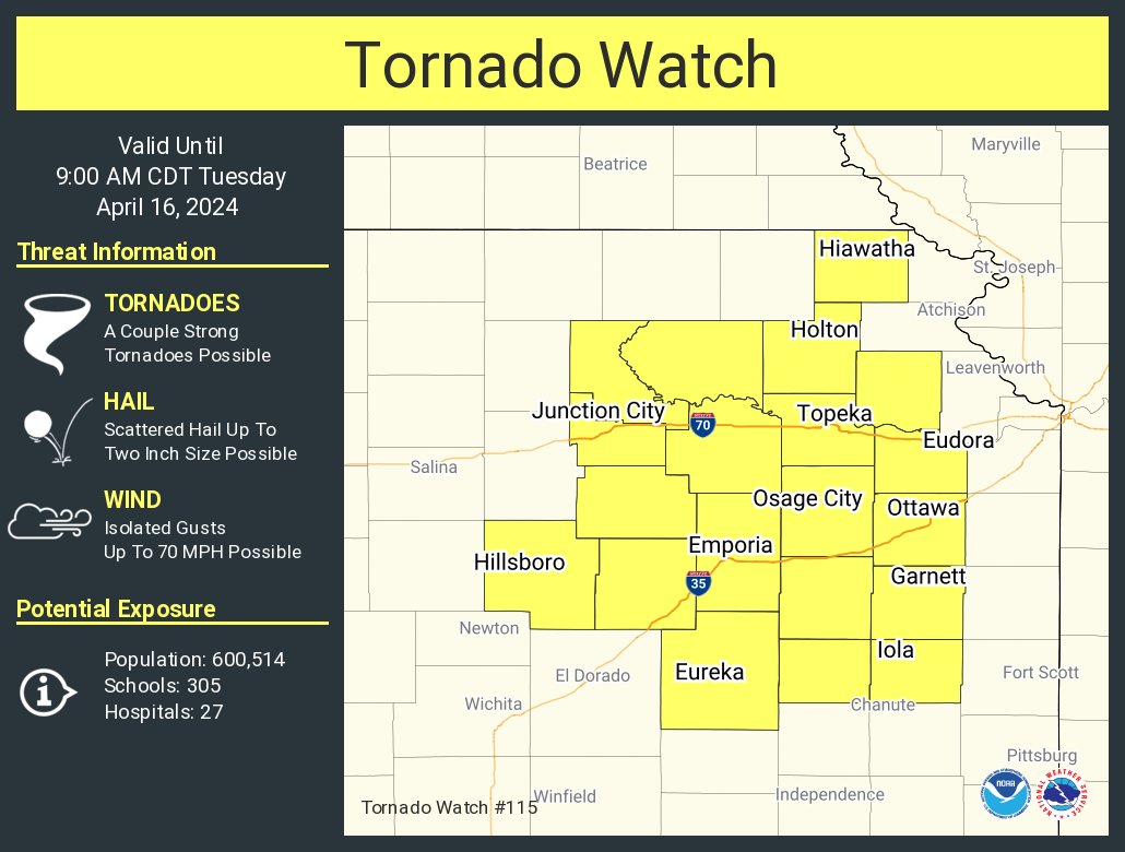 A tornado watch has been issued for parts of Kansas until 9 AM CDT