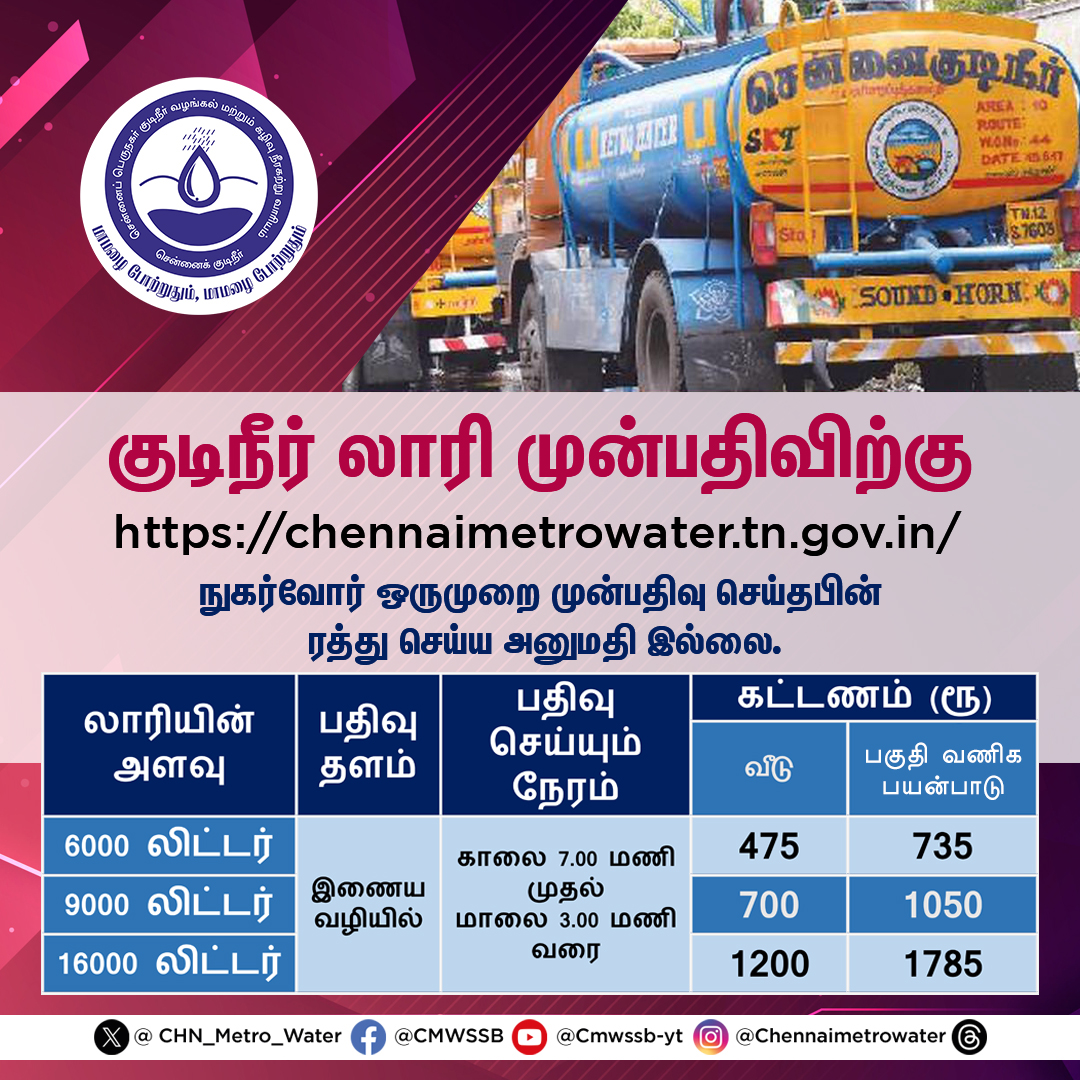 🚛 Easy Water Tanker Booking! 👍 Need water delivery? Look no further! 💧Our hassle-free booking system makes it a breeze 💦to get water tanks delivered right to your doorstep. 🚚dfw.chennaimetrowater.in/#/index #CMWSSB | @chennaicorp @TNDIPRNEWS @CMOTamilnadu @KN_NEHRU @tnmaws