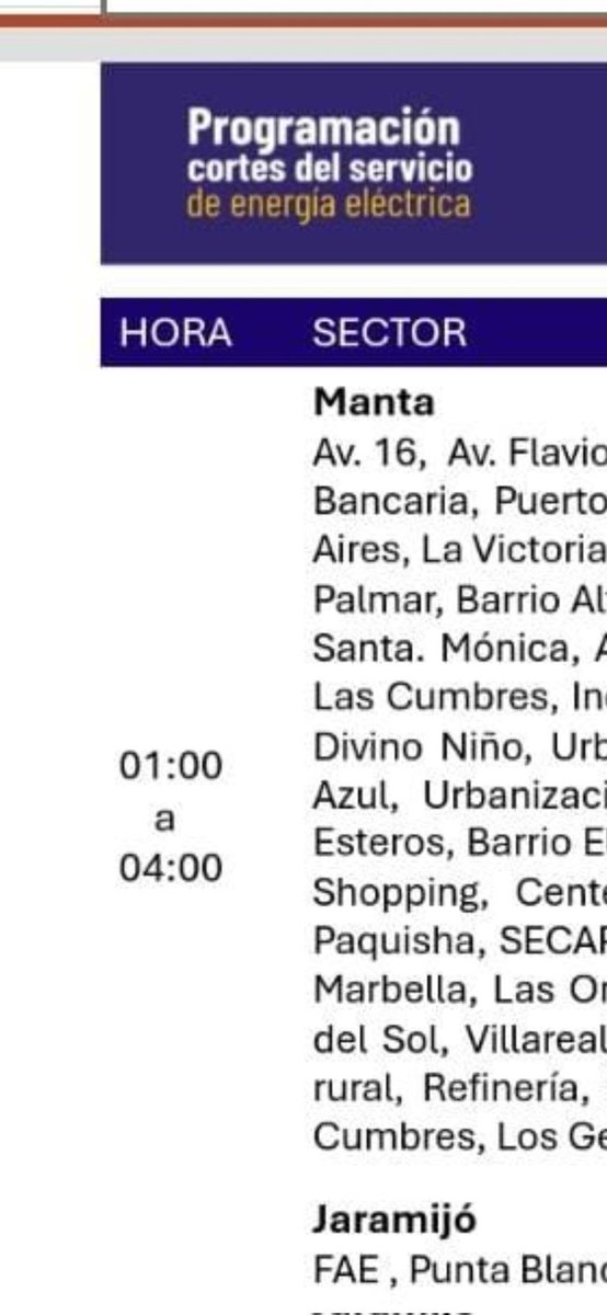 efrainverap's tweet photo. @CNEL_EP El corte de energía para Manabí / Manta es a partir de la 01 a 04 horas, pero se fue a las 1230 y son las 0430 y no llega. Confirmar bien la hora. https://t.co/I5JqJKt7s6