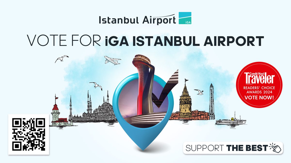 Let's take iGA Istanbul Airport to the top once again! ✈️🏆 We need your valuable votes to help us win 'The Best Airport in the World' award once more in the 'Readers' Choice' category of the annual Condé Nast Traveler survey, a globally recognized travel magazine. 💙 Vote here